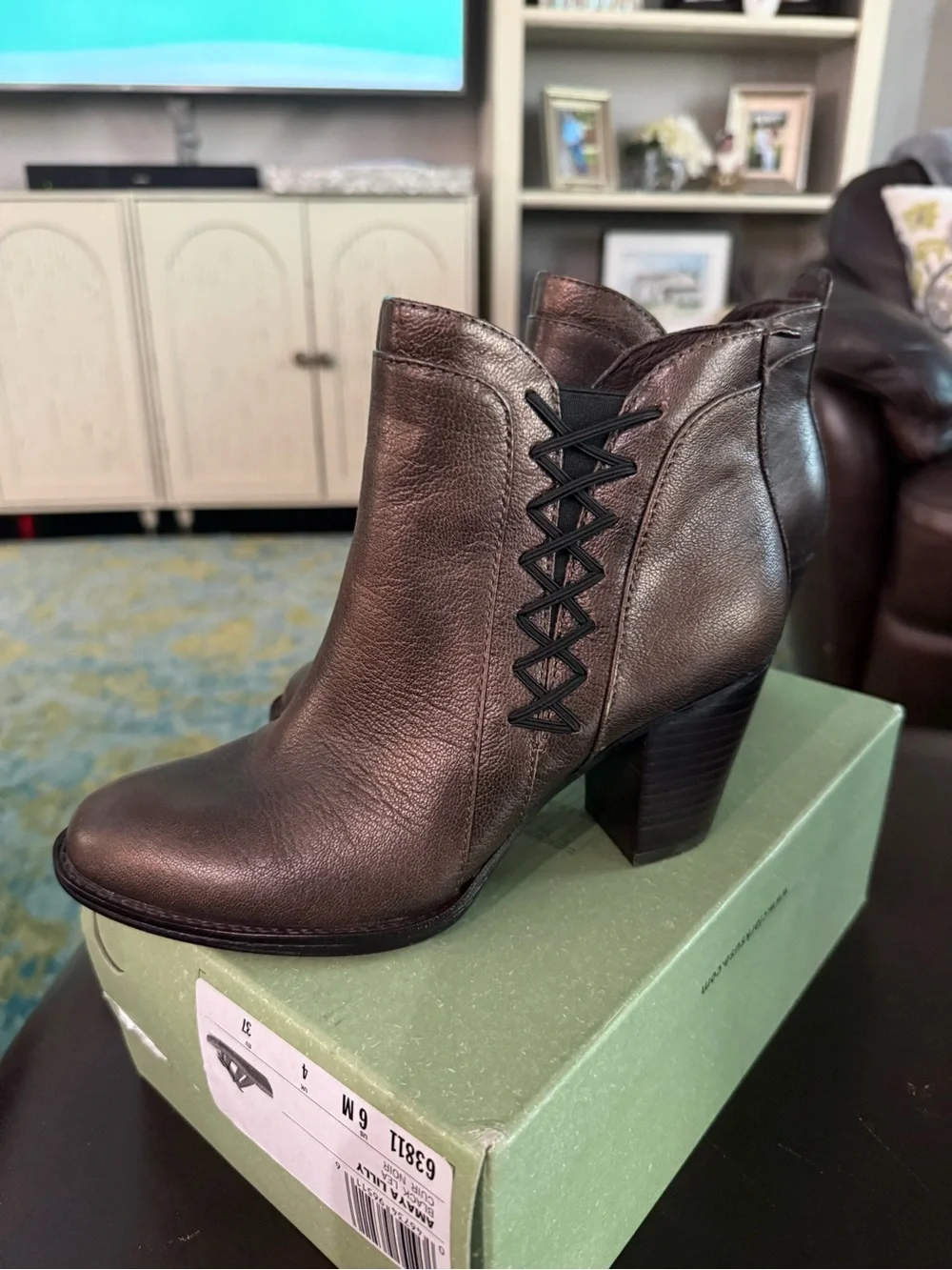 Sofft Metallic Brown Leather Ankle Booties with Lace-Detail